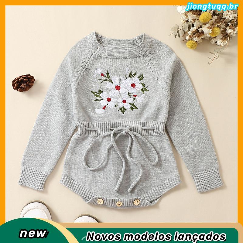 Macacão de Tricô 0-24 meses Meninas Bebê Casual Manga Longa Bordado Floral Com Corda Princesa Roupas de Suéter