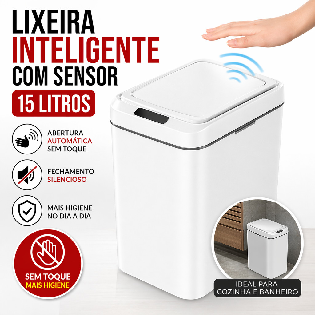 Lixeira Inteligente Automática 15L Sem Toque Sensor Infravermelho Tampa Automática Cozinha Banheiro