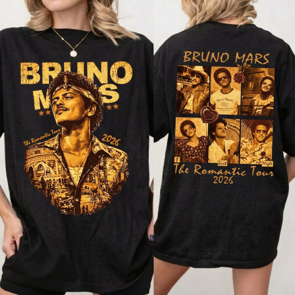 「BR.Moonlight」Camiseta Unissex Bruno Mars The Romantic Tour 2026 Estampa Dupla Face Moderna Elegante Divertida Moda