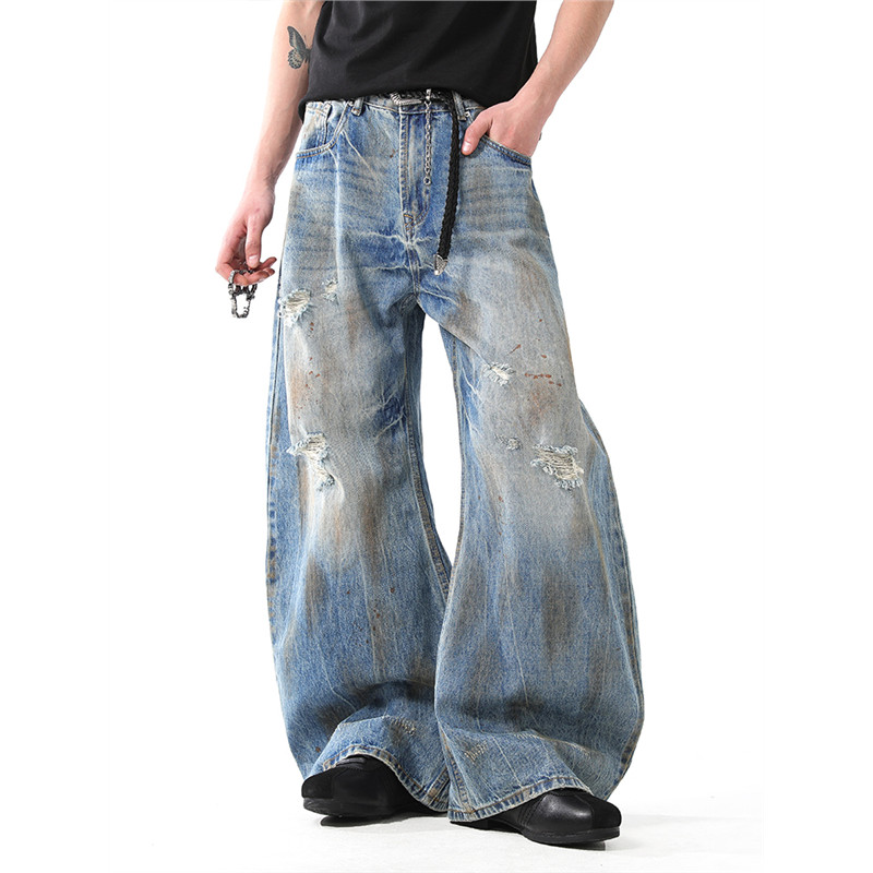 Americano Retro rua angustiado rasgado Machete Jeans masculino High street vibe street Wear solto All-Match calças casua