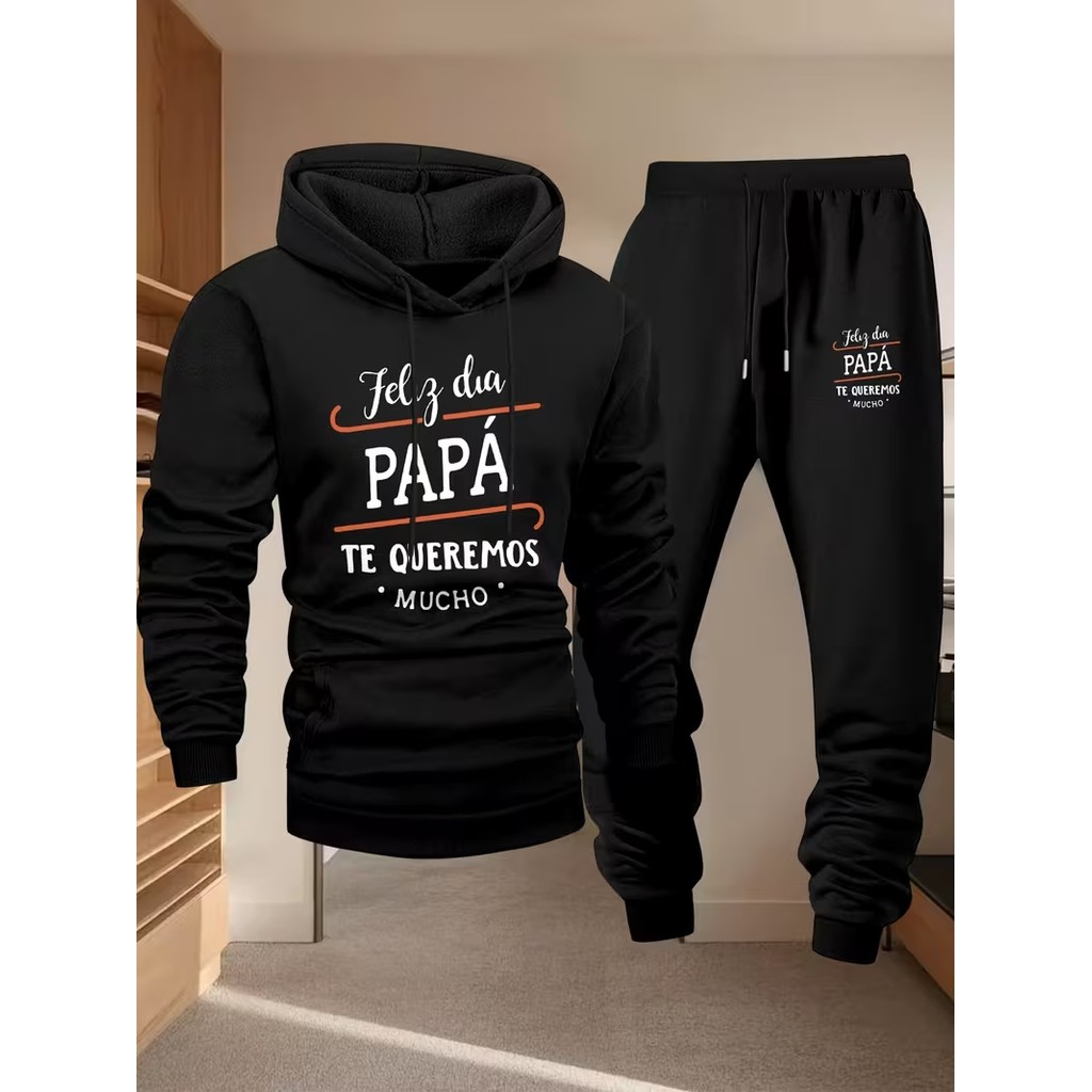 Conjunto Moletom Masculino Papá Blusa De Frio Canguru Bolso e Capuz + Calça Moletom Estampados Unissex Outono/Inverno