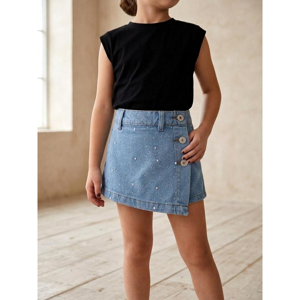 Short saia jeans com stras brilhos super estiloso roupa de menina moda infantil feminina