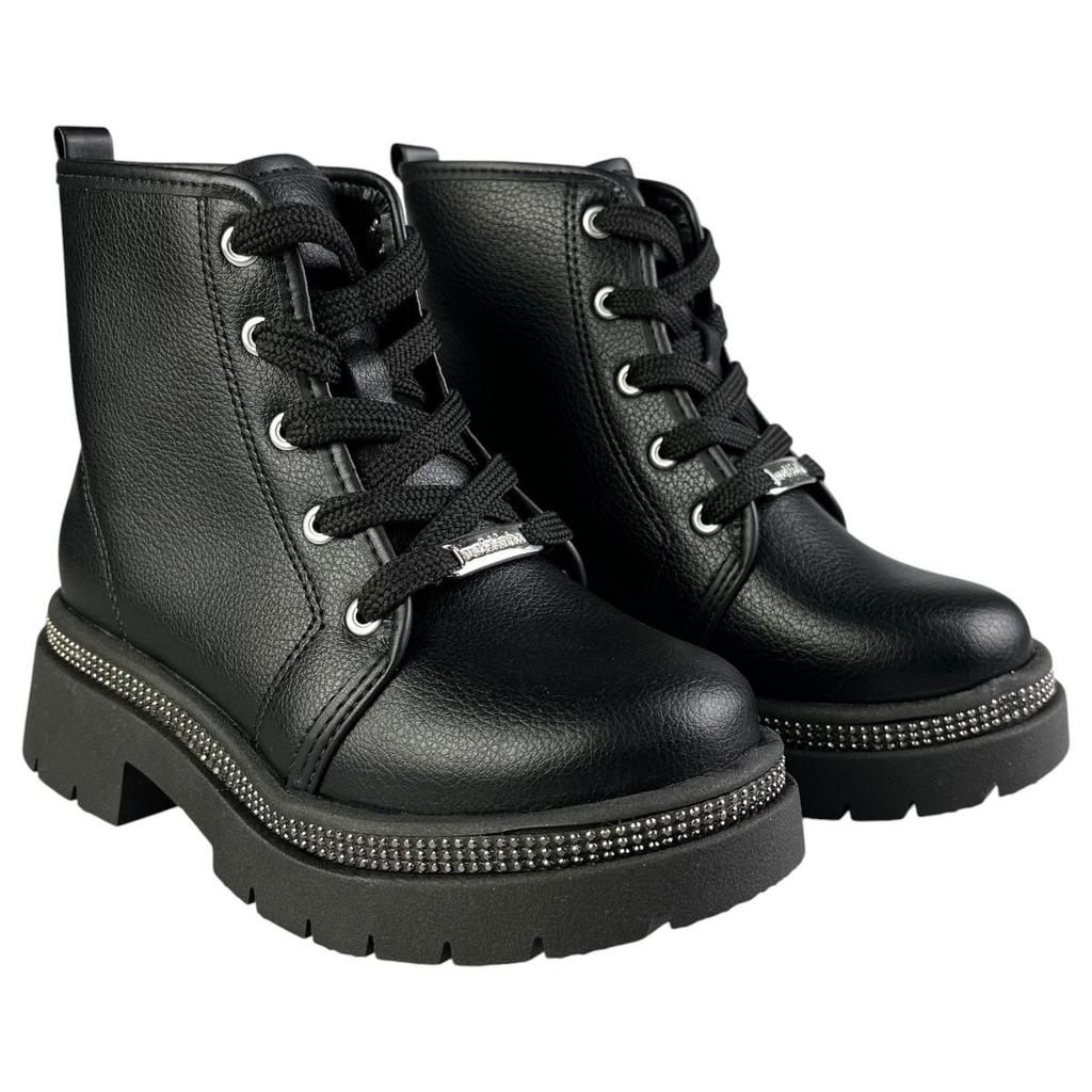 Bota Coturno Infantil Menina Molekinha Tratorada Brilho Strass Preta