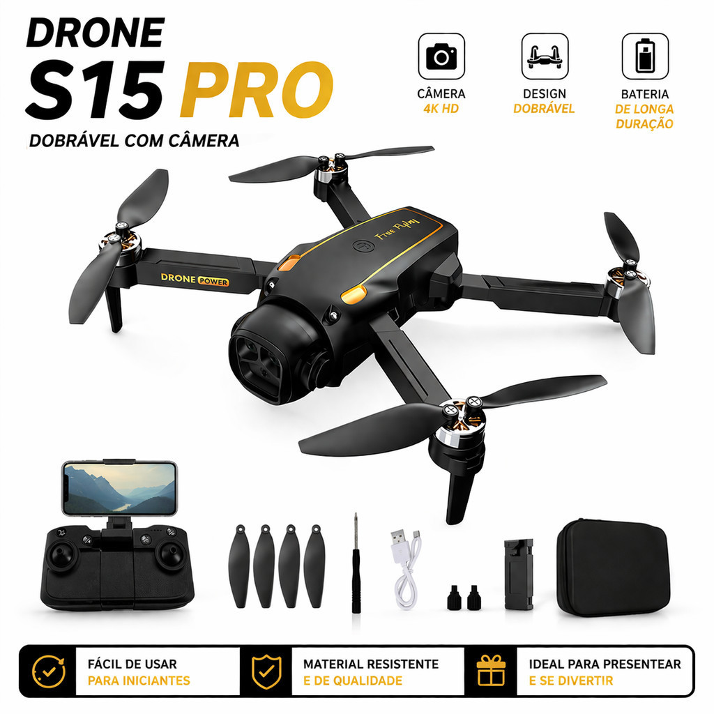 Drone S15 Pro com Câmera Controle Remoto Dobrável Portátil com Maleta