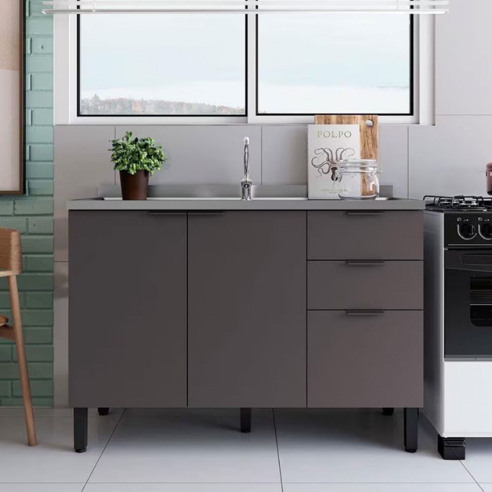 Balco Universal com 1 Pia 2 Portas e 3 Gavetas 120cm de largura Bartira