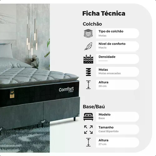 Cama Box Casal Bipartido + Colchão Comfort Class Pillow Top Preto/suede Cinza — imagem 2 de 2
