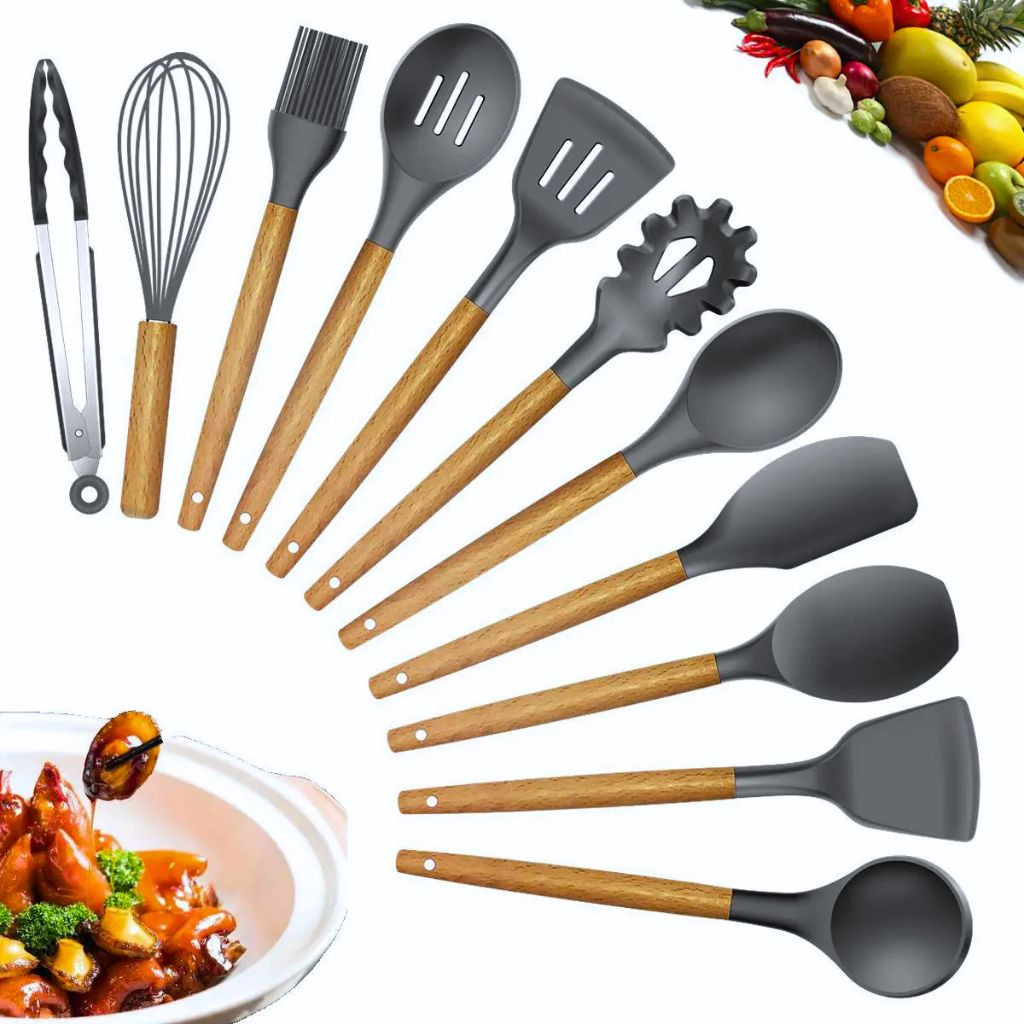 Jogo Utensílios de Cozinha em Silicone Madeira Kit de Cozinha em Bambu 12 Peças