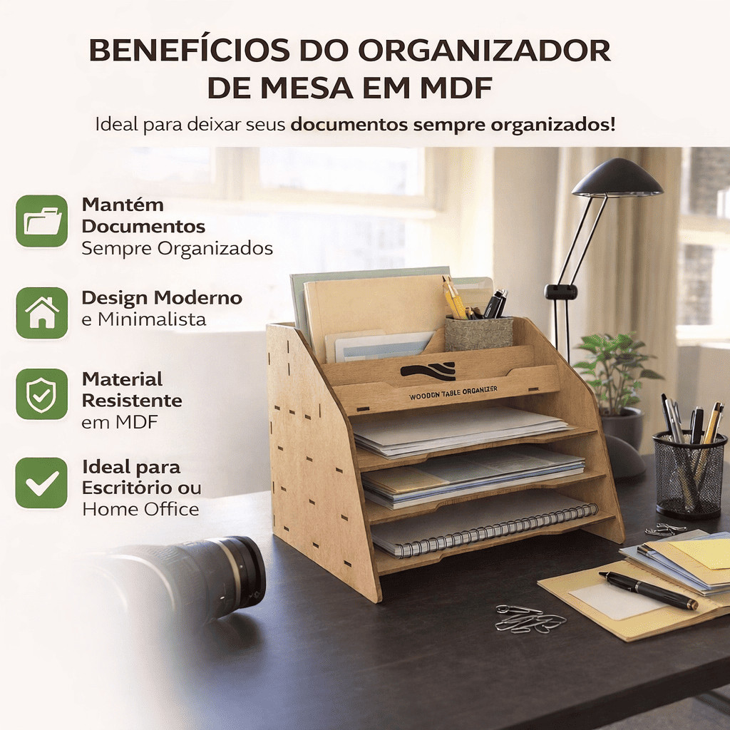 Organizador de Mesa em MDF para Escritório | Porta Documentos, Canetas e Papel A4 | Organizador de Escritório