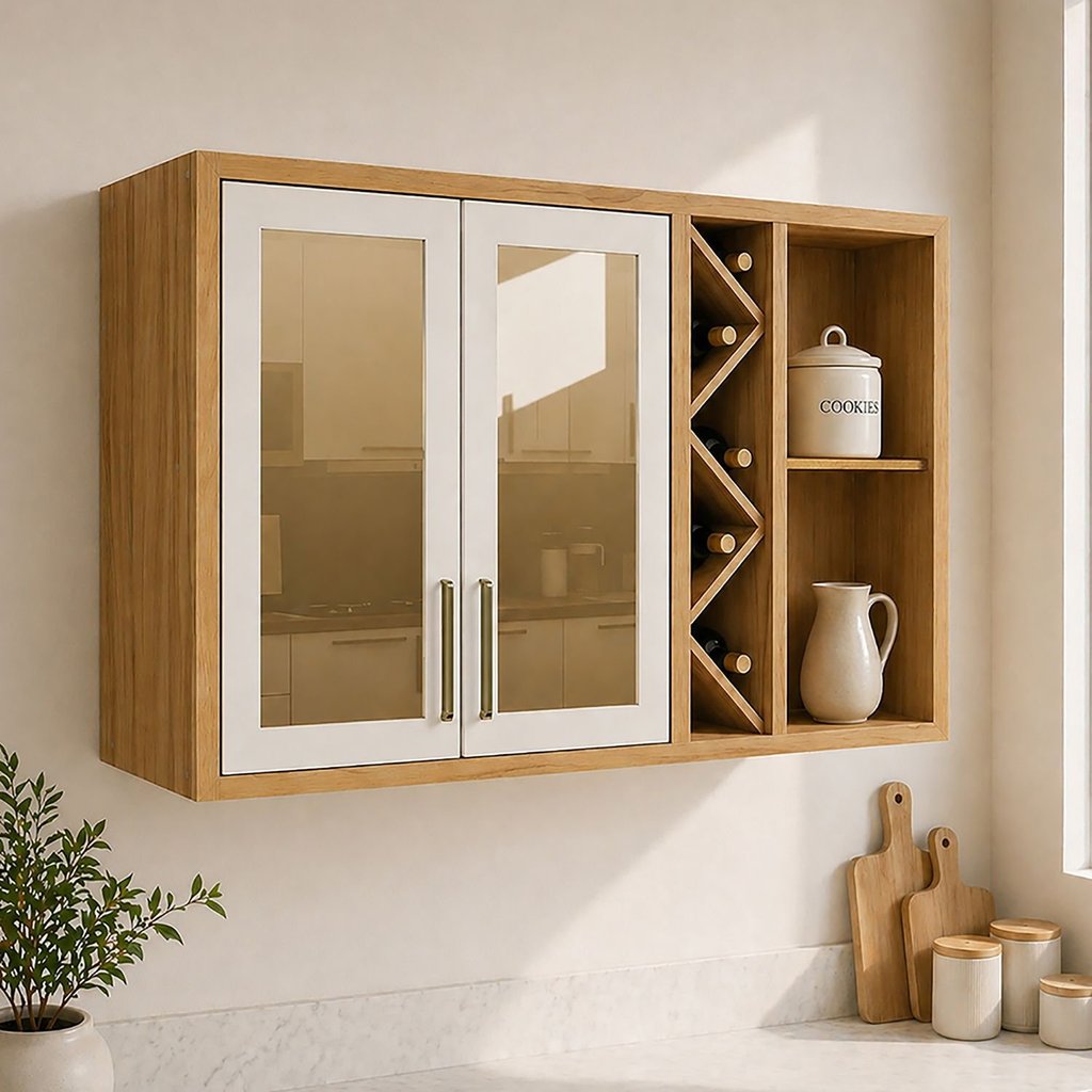 Armário Aéreo de Cozinha 120cm 2 Portas com Vidro Reflecta 100% MDF Barbados Espresso Móveis Bege/Amêndoa/Off White