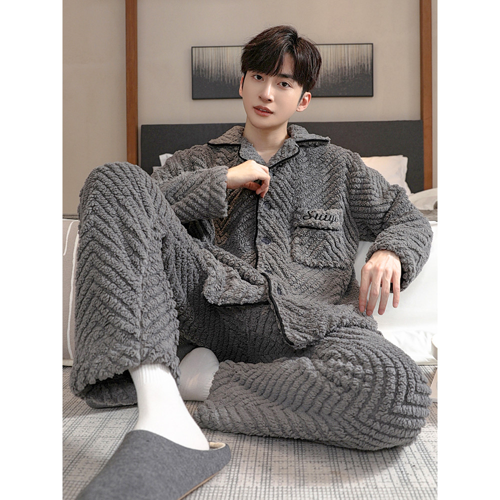 Pijama de lã Coral masculino inverno engrossado forro de lã jovem Cardigan quente flanela inverno Homewear