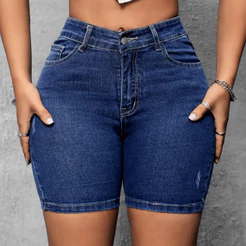 Short Feminino Jeans Bermuda Jeans Meia Coxa Com Elastano Modeladora C/Lycra Cintura Alta Empina Bumbum Dia Dia
