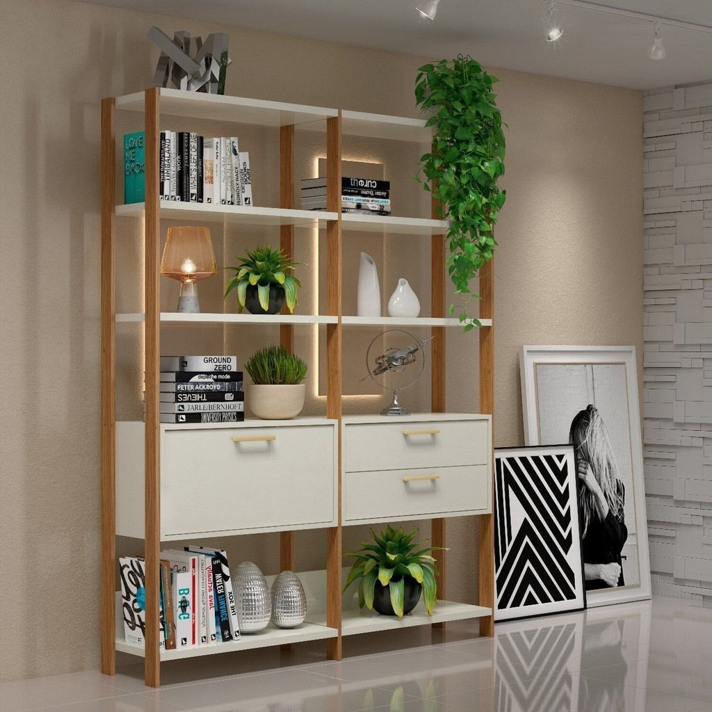 Estante de Livros 100% MDF 144CMX185CM Estantes 2 Unidades Dalla Branco/Freijó/Off White Freijó/Off White