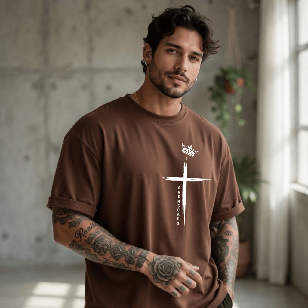 Camiseta Masculina OverSized Premium Cruz Abençoada Cristão 100% Algodão Premium Básica Streetwear Conforto Estilo Blusa