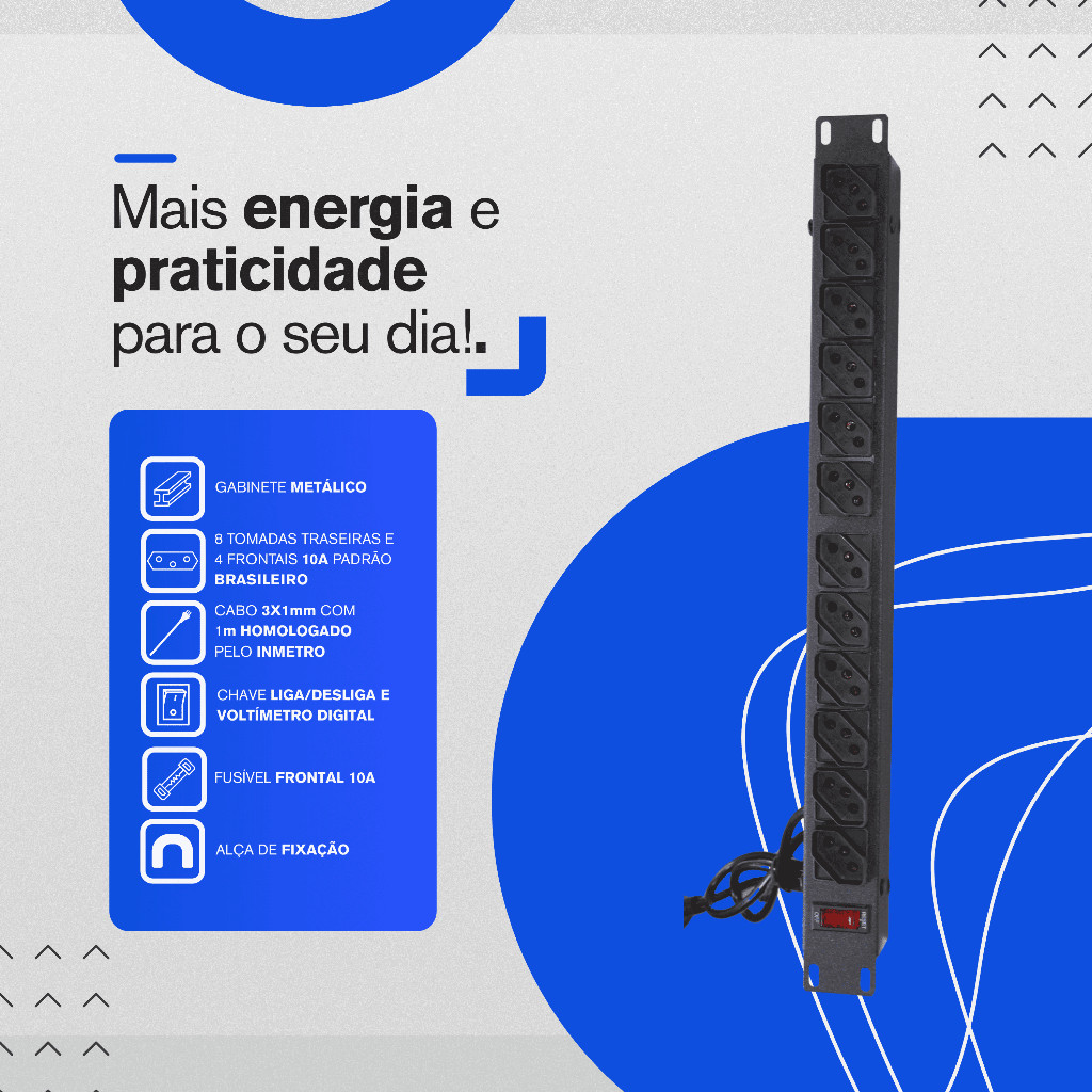 Régua Tomada Filtro Linha Cabo Cobre Extensão Energia 12 Tomadas Reset 10a Dps Curtos