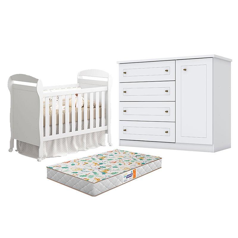 Berço Americano Danny Branco Acetinado Reller e Cômoda Infantil Americano Branco HP e Colchão Gazin - Henn.