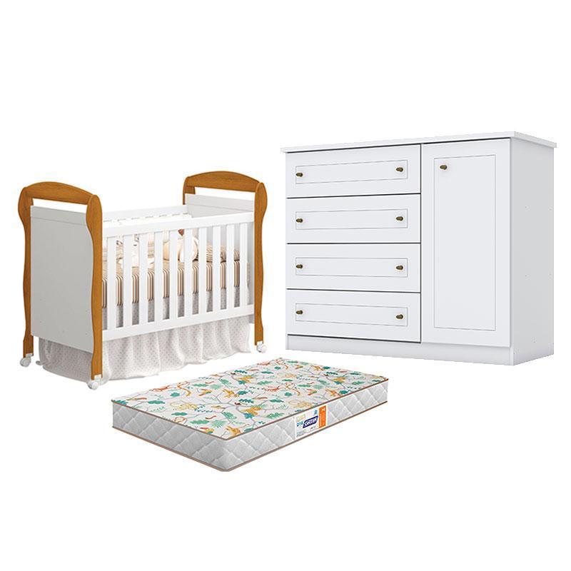 Berço Americano Danny Branco Acetinado Savana Reller  e Cômoda Infantil Americano Branco HP e Colchão Gazin - Henn.