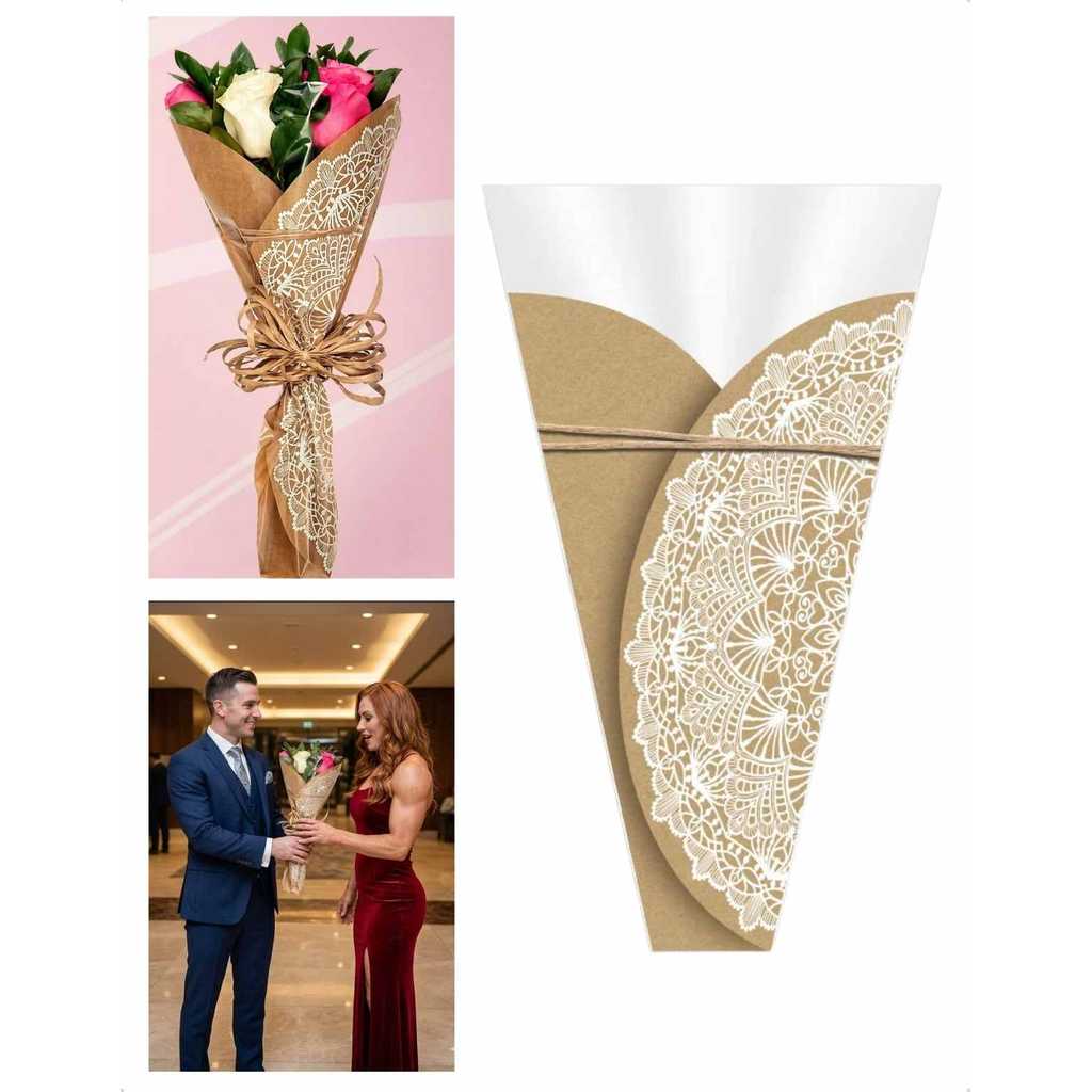 Plástico Cone Bouquet Flores Rosas Arranjo Kraft Renda 50un