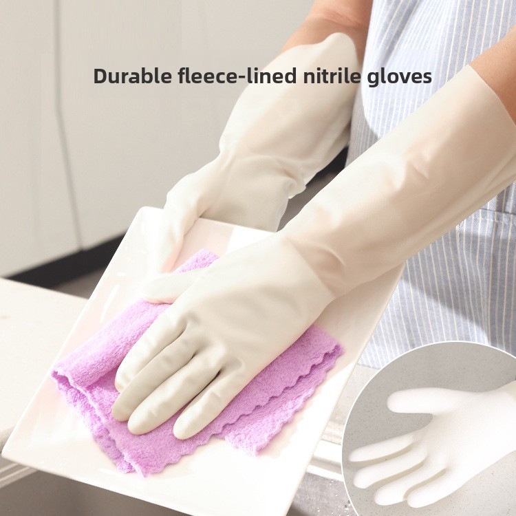 Luvas de borracha nitrílica flocadas para lavar louça Luvas domésticas à prova de ácido-álcalis à prova de punção Borrac