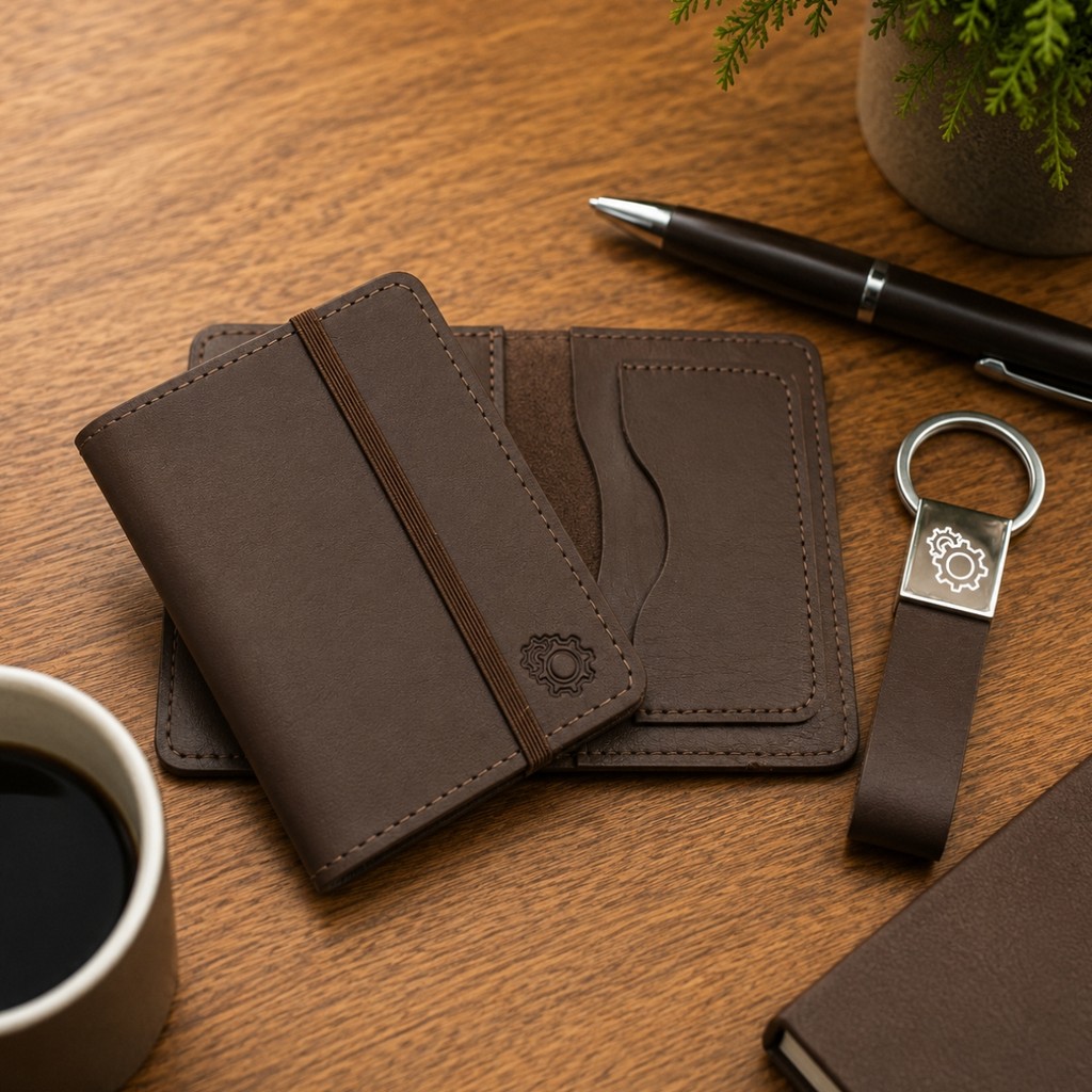 Kit Carteira de Couro Ecológico Masculina + Chaveiro Engrenagem Couro Marrom