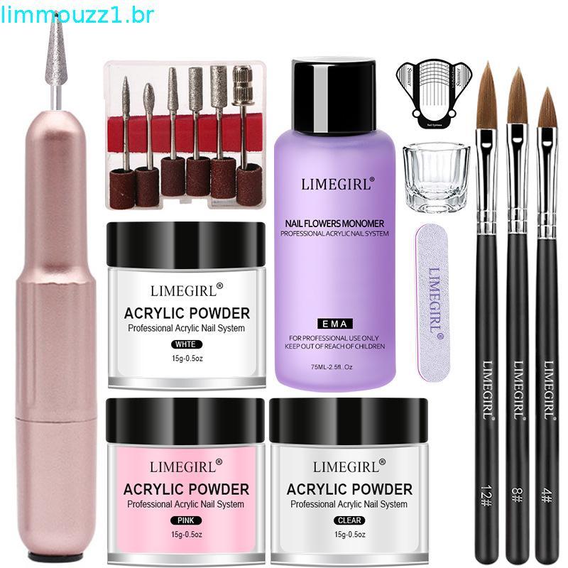 LIMEGIRL Kit De Pó Acrílico E Líquido Para Unhas , Sem Necessidade De Lâmpada UV , Conjunto De Extensão De Cristal Trans