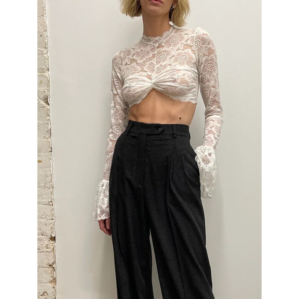 Transição Sexy zona preto/branco renda crochê camisa de fundo ins estilo trompete manga elegante All-Match crochê curto