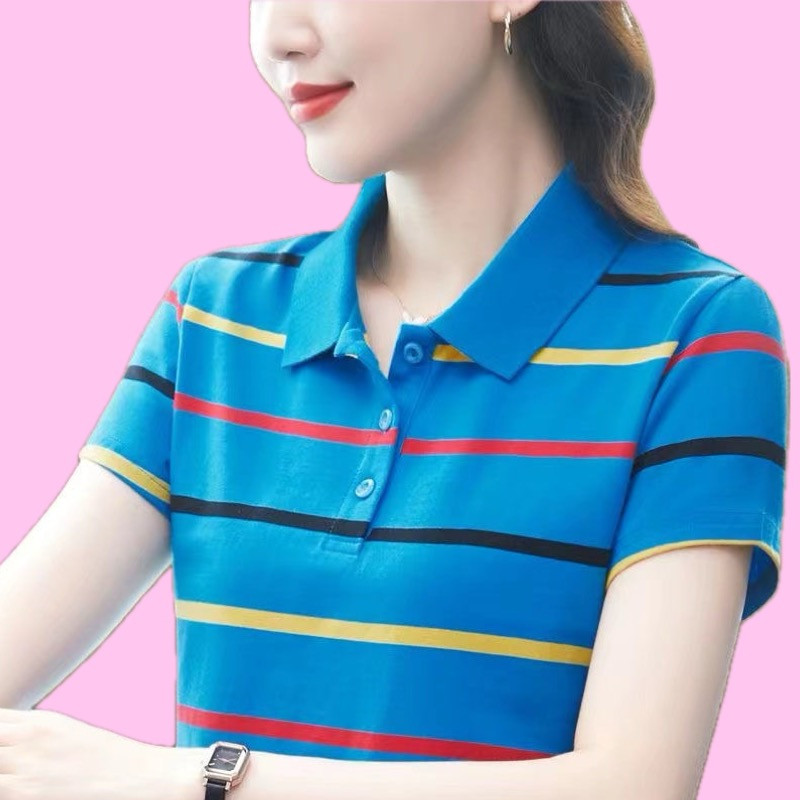 Roupas femininas Plus Size 2026 novo estilo feminino listrado de manga curta camiseta feminina mãe de meia-idade camisa