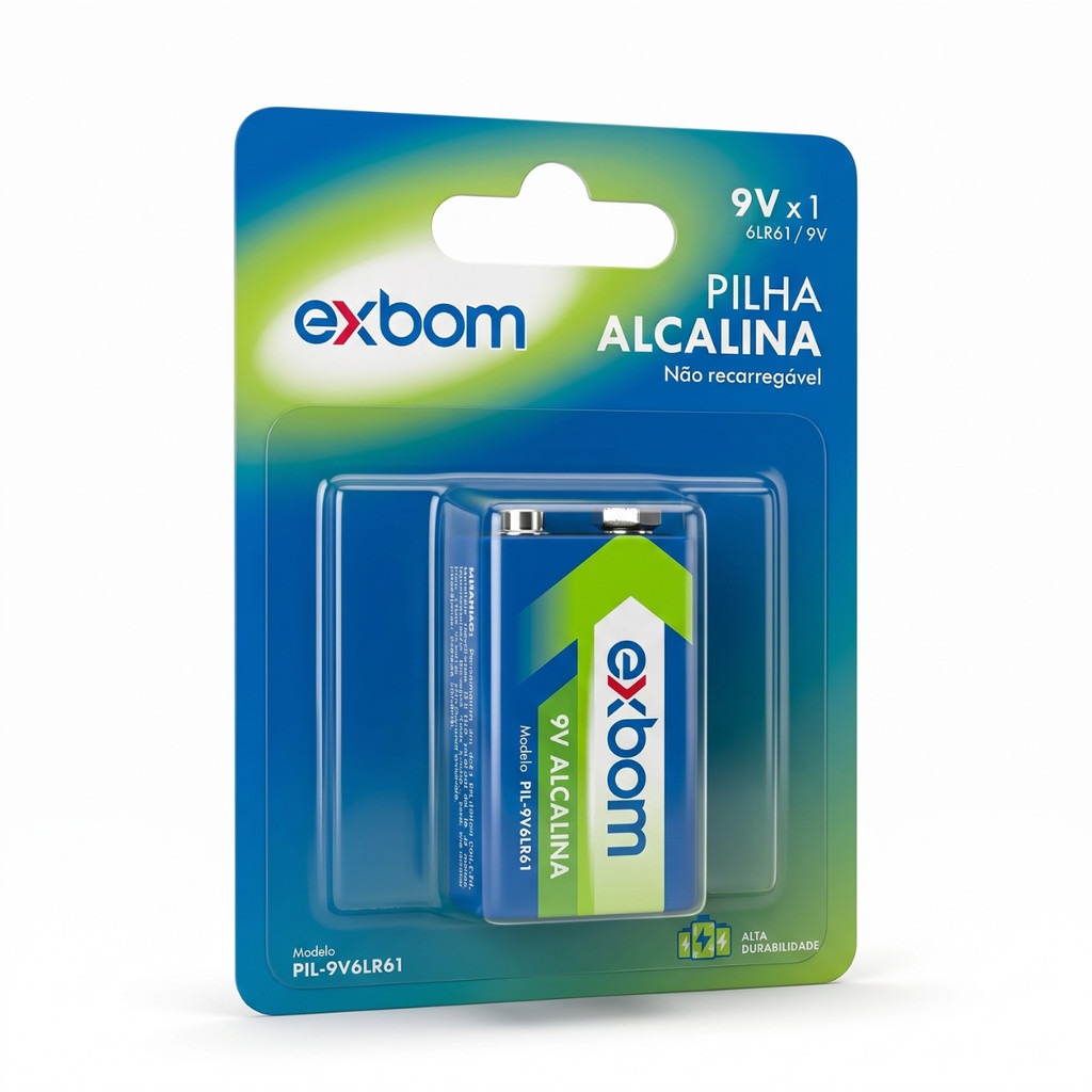 Pilha Alcalina 9V Exbom Cartela Brinquedos Violão Microfone Alta Durabilidade
