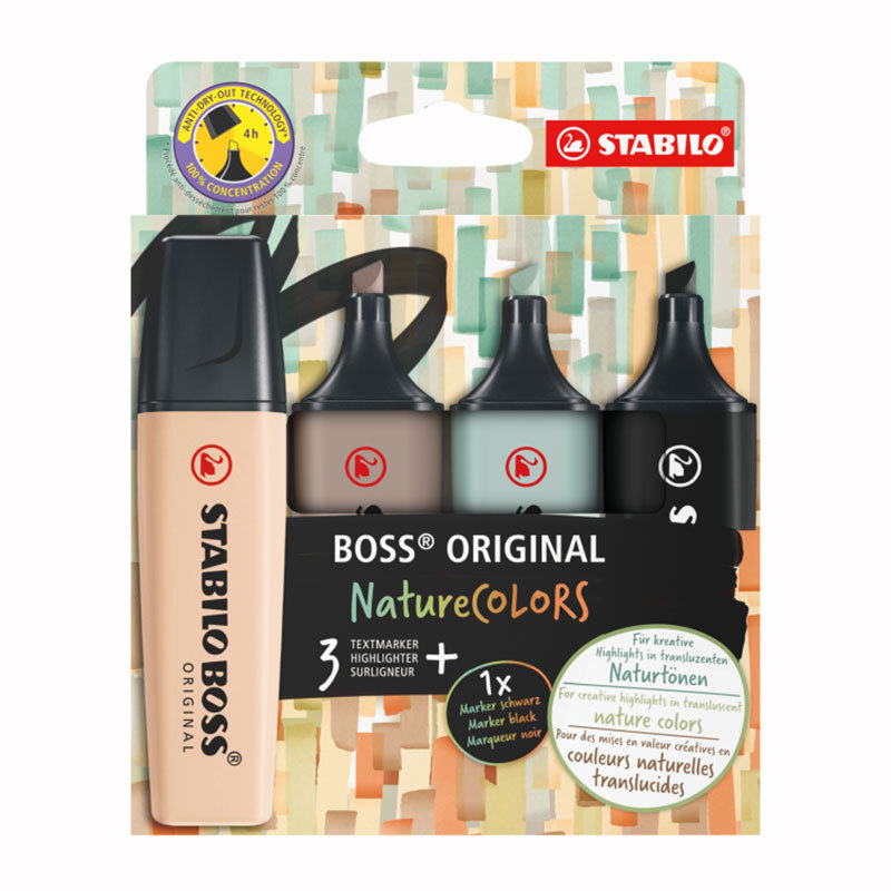 Pincel marca texto Boss Nature Colors 70/4-2-5 estojo com 4 cores Stabilo