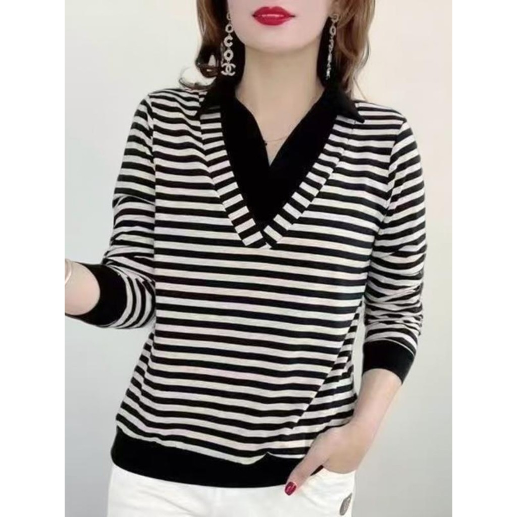Primavera outono novo estilo mãe manga comprida lapela camiseta feminina reduzindo a idade estilo ocidental tamanho gran