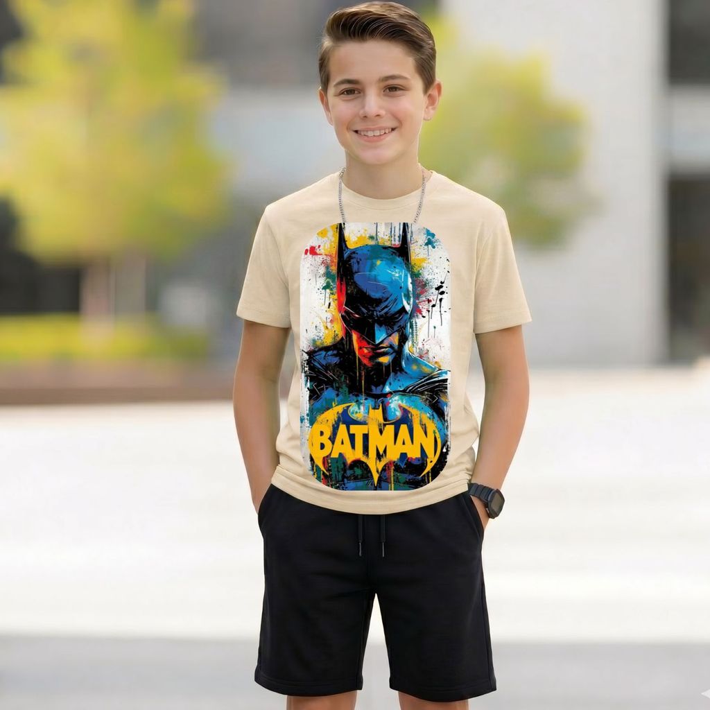 Conjunto do Bat: Camiseta Estampada Short Preto 100% Algodão Filme Premium Presente Criança Tendência 2026