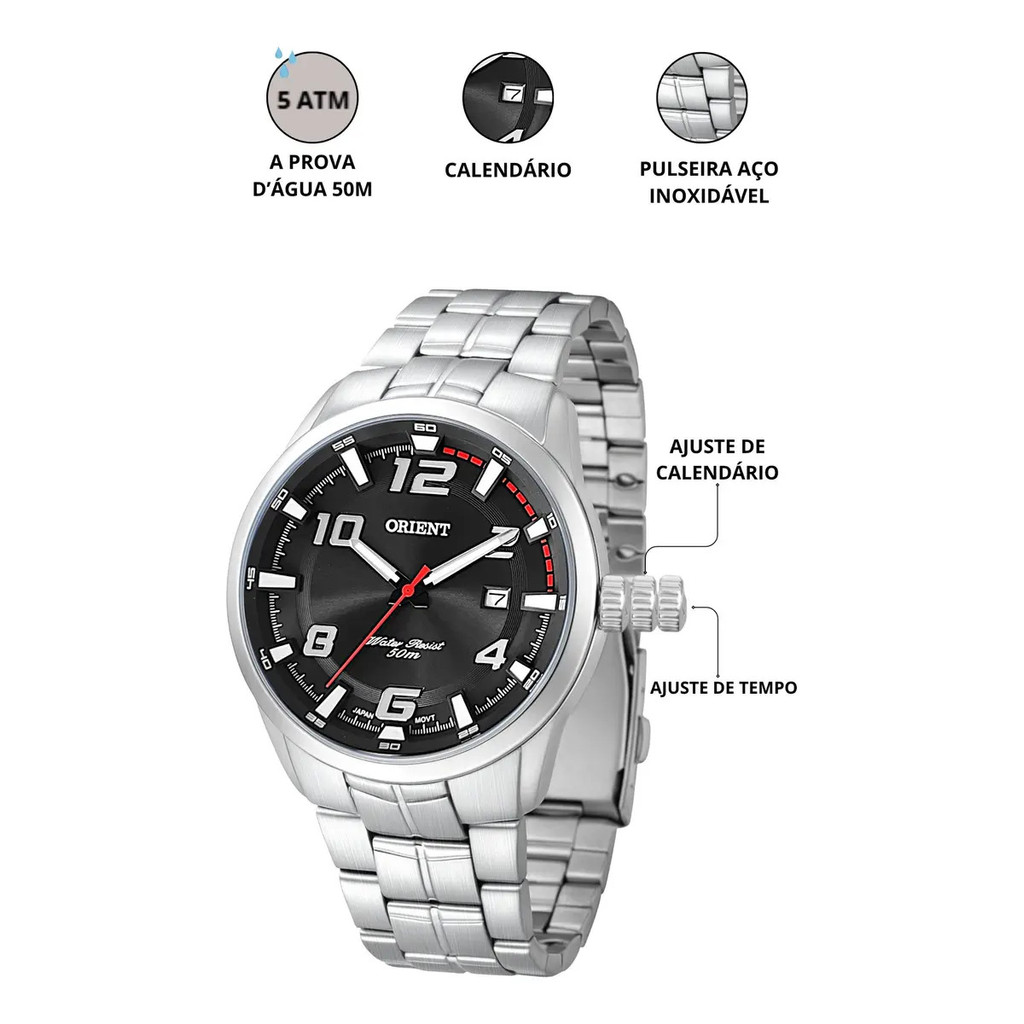 Relógio Masculino Orient Mbss1382 P2sx Quartz Analógico Aço Prateado Preto C/ Vermelho — imagem 2 de 2