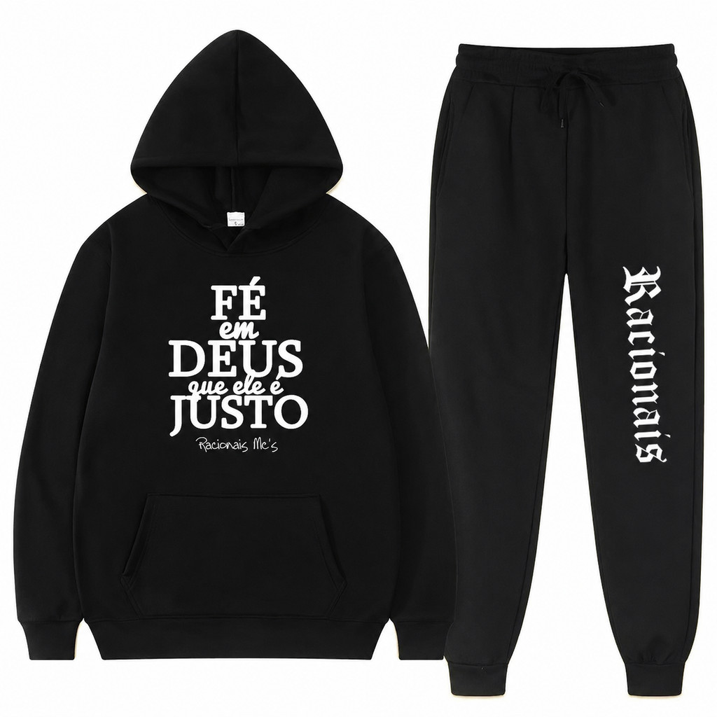 Conjunto Moletom Masculino Fé em Deus Blusa De Frio Canguru Bolso e Capuz + Calça Moletom Estampados Outono/Inverno