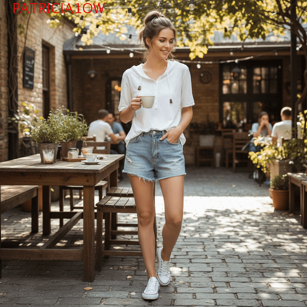 PATRICIA1OW Camiseta De Manga Curta Com Capuz , Ajuste Solto Casual Camisa Henley Top Feminino Fino E Confortável
