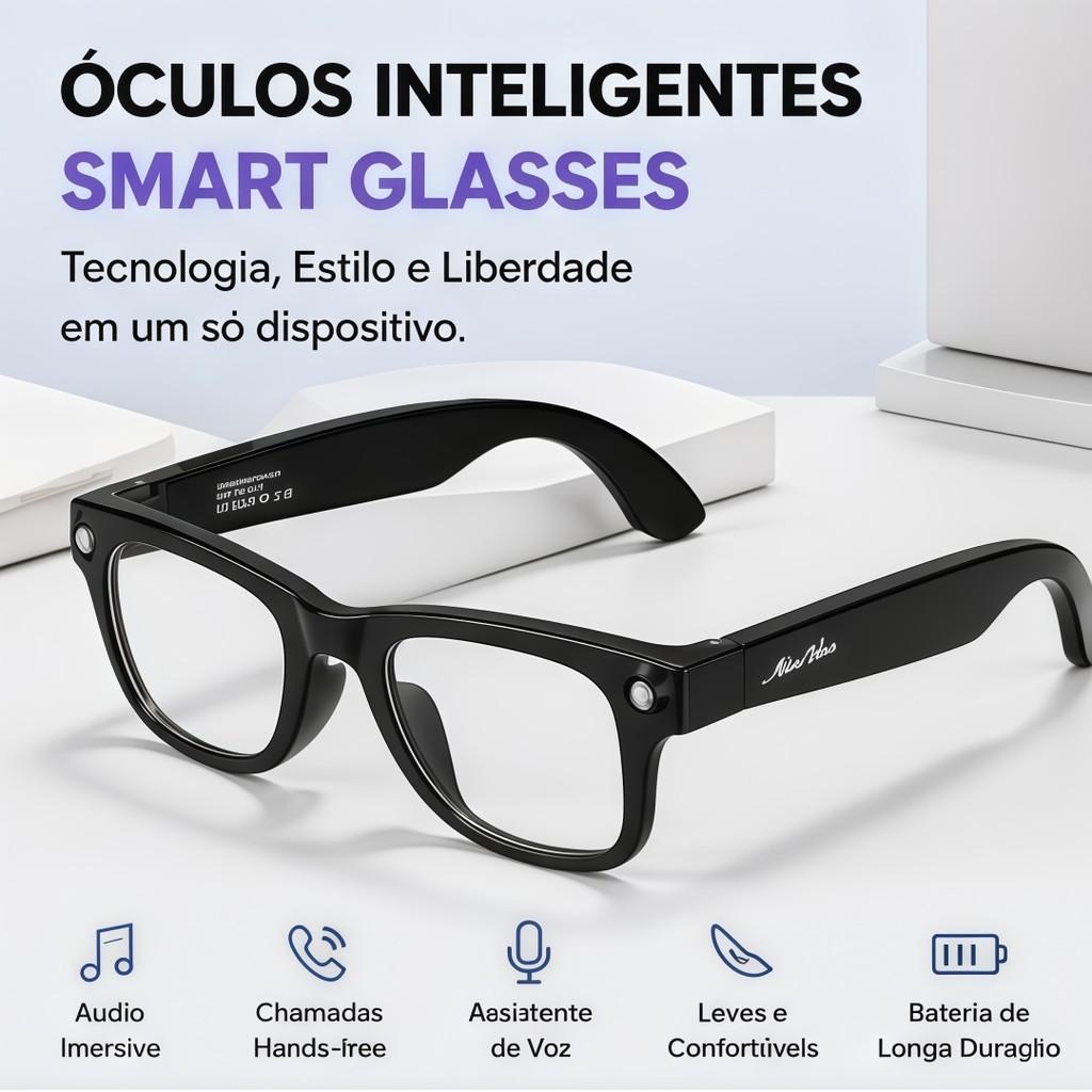 Óculos Bluetooth com Luz LED Inteligente Bateria Longa Duração
