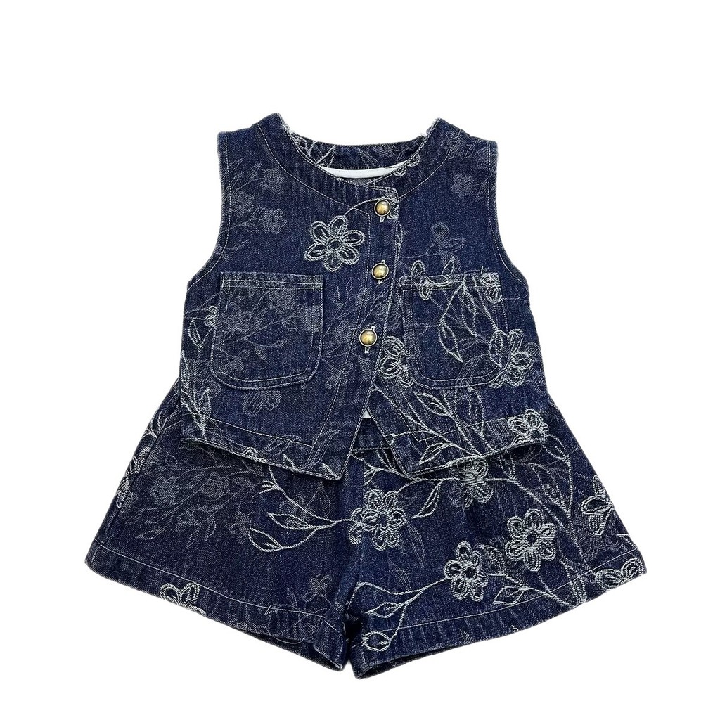 Verão meninas ternos 2026 novo estilo Retro impresso denim colete colete denim Shorts feminino bebê Casual de duas peças