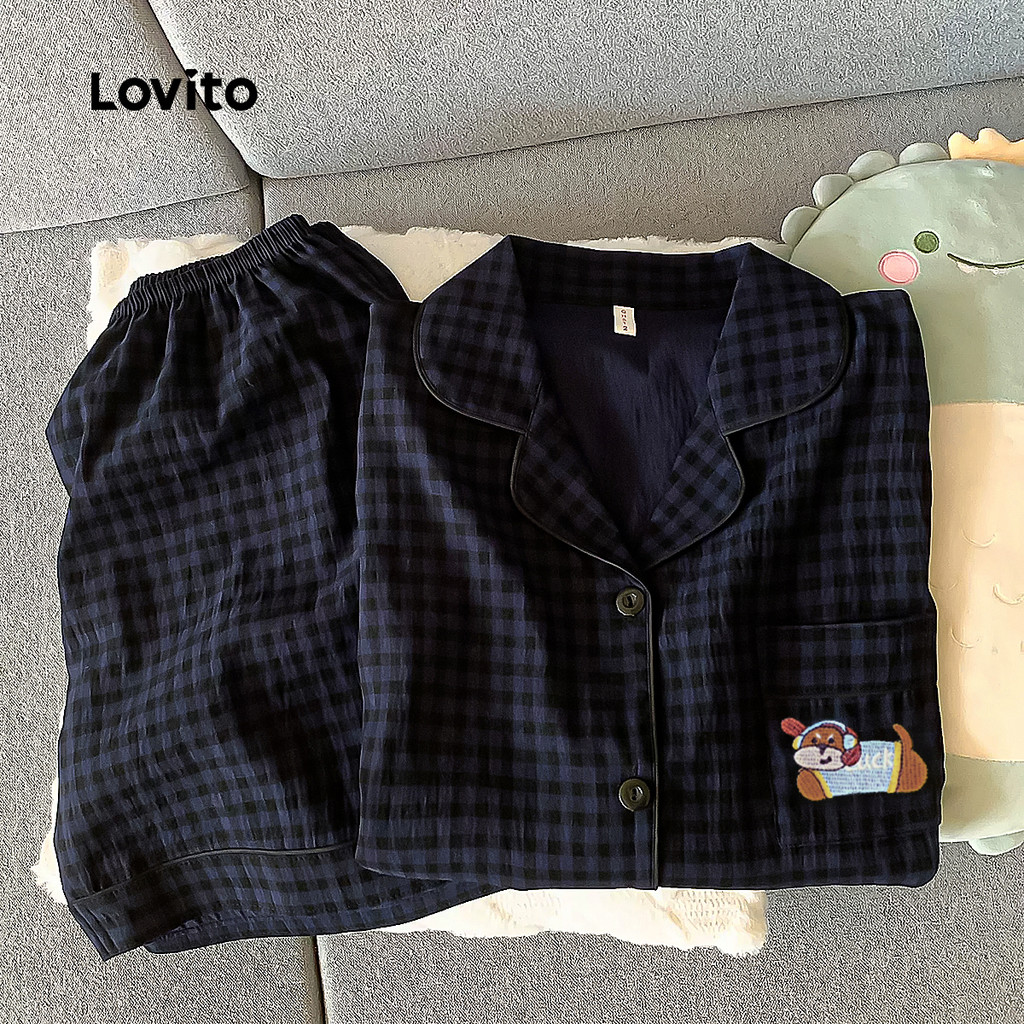 Lovito Fecho Frontal Casual Conjunto Pijama 2 Peças Estilo Japonês Xadrez Bordado Animado Roupa Casa Feminina LNE134154 · foto 2