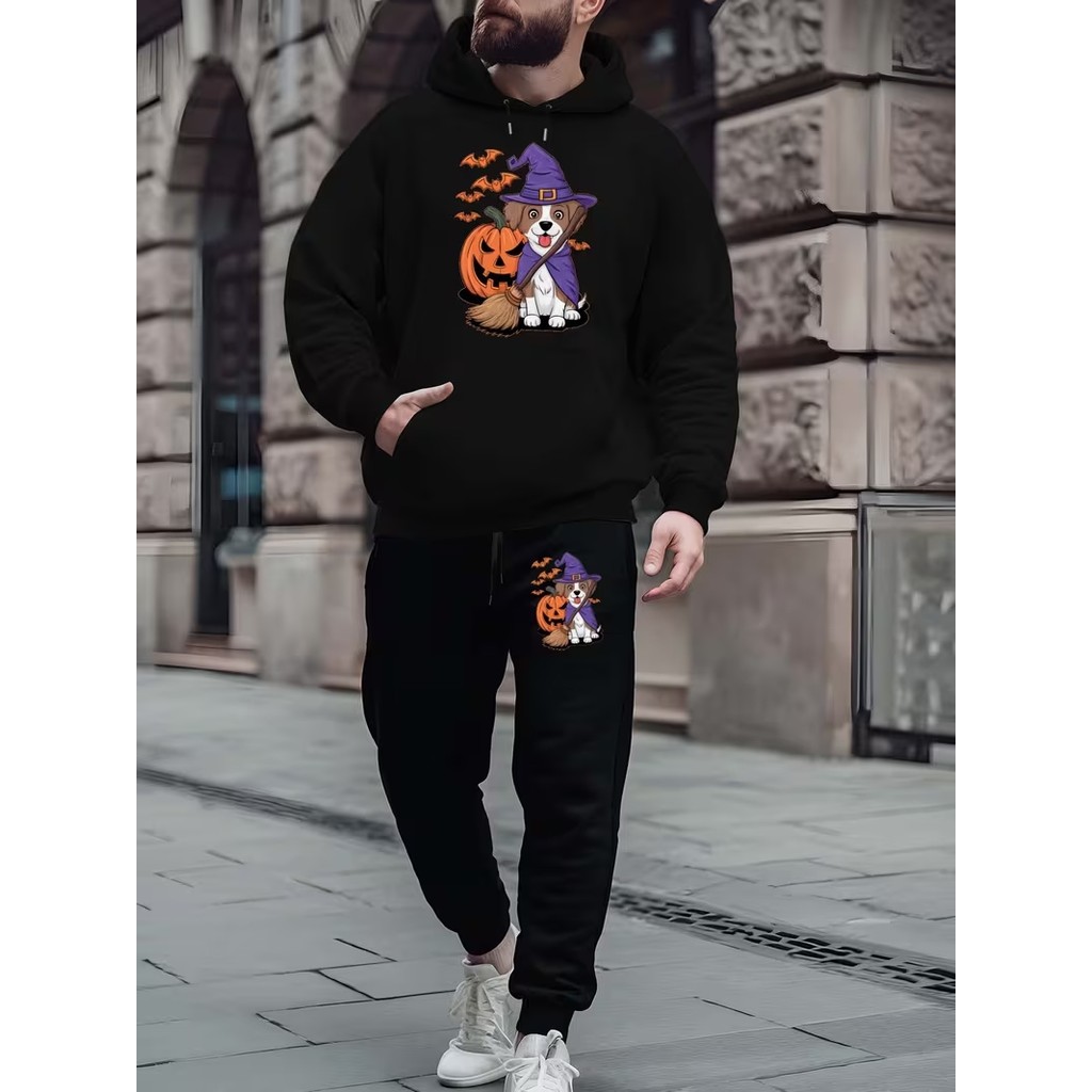 Conjunto Moletom Masculino Hallowen Blusa De Frio Canguru Bolso e Capuz +Calça Moletom Estampados Unissex Outono/Inverno