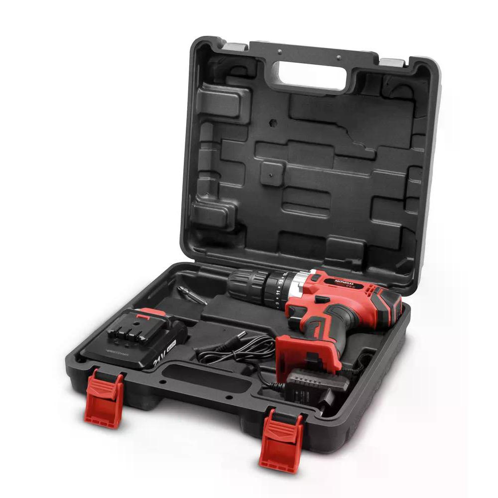 Parafusadeira e Furadeira à Bateria Mondial Power Tools 21V com Maleta Vermelho/Preto Bivolt PF-09M
