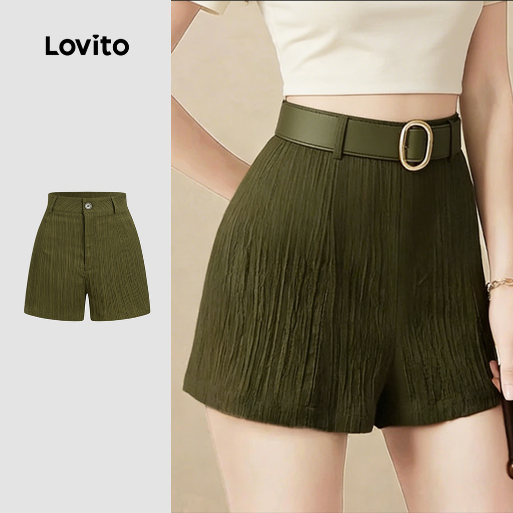 Lovito Shorts Casuais Plissadas Estilo Resort Lazer Primavera/verão Verdeoliva Shorts femininos L183AD368
