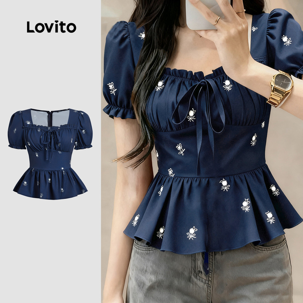 Lovito Babado Casual Blusa Feminina Com Estampa Floral E Laço Azul Marinho Primavera/verão LK2ED1665