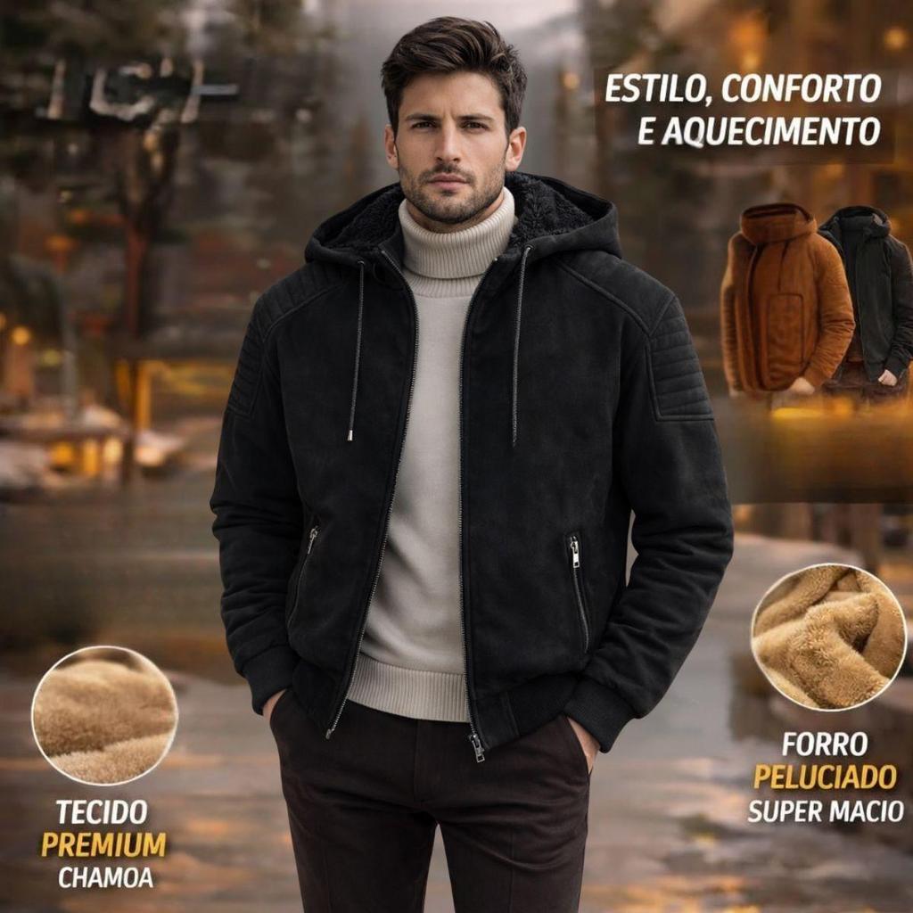 Jaqueta Masculina Bomber Com Capuz em Camurça com Forro de Lã (Sherpa)