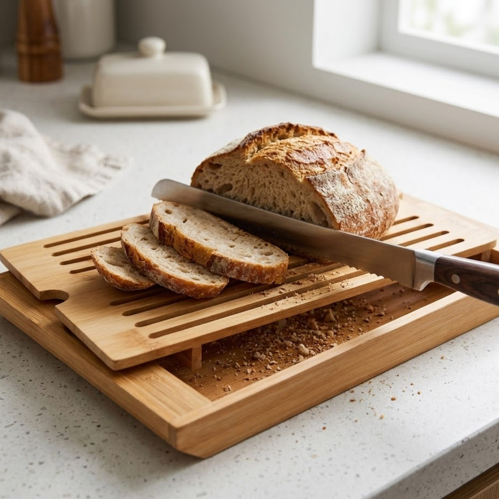 Migalheira de Bambu Tábua De Corte Para Pães Bolos e Frios Multiuso Porta Panela Bandeja Coletora Estilo E Qualidade Top