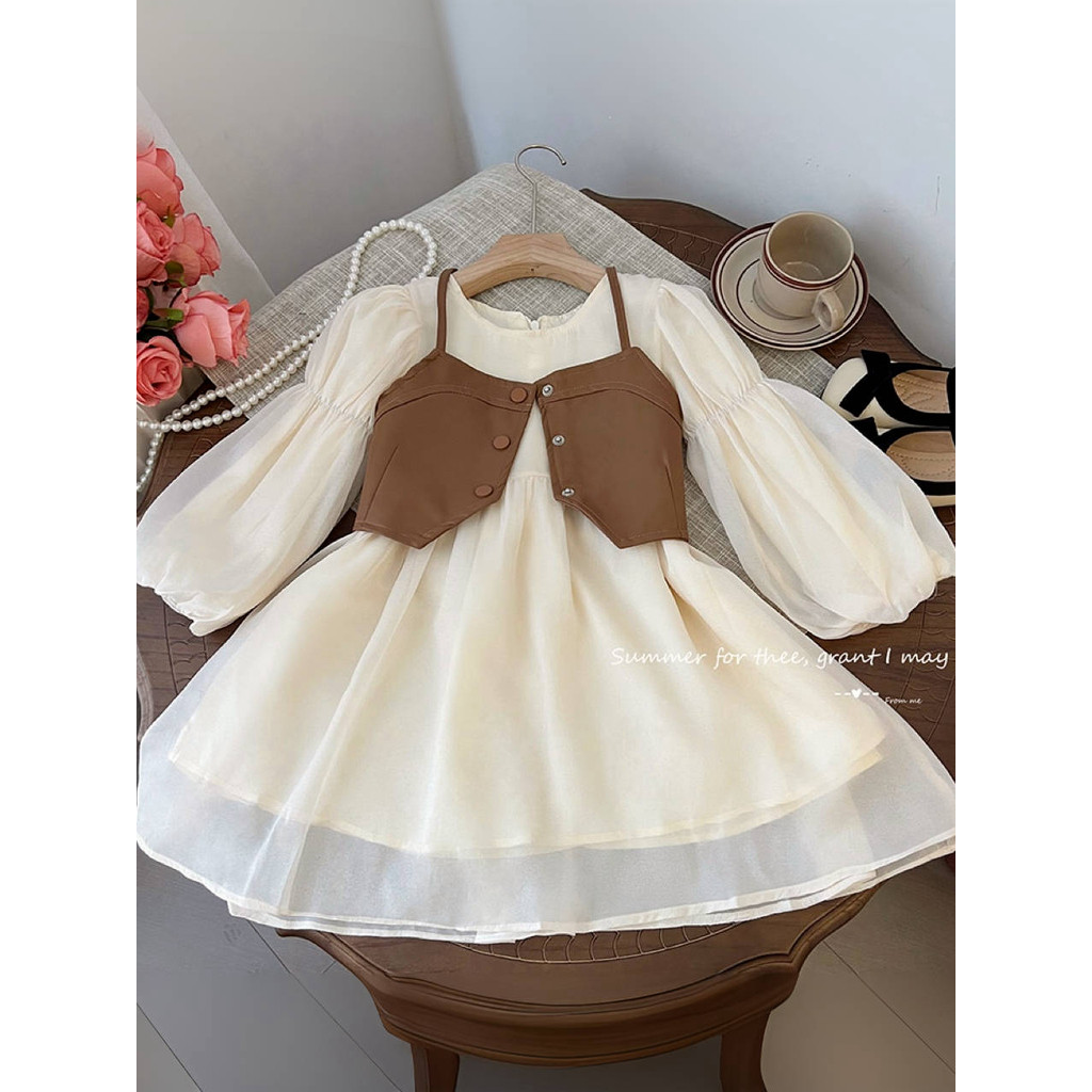 Meninas vestido 2026 primavera outono novo estilo crianças de manga comprida moda colete saia moda bebê terno de duas pe