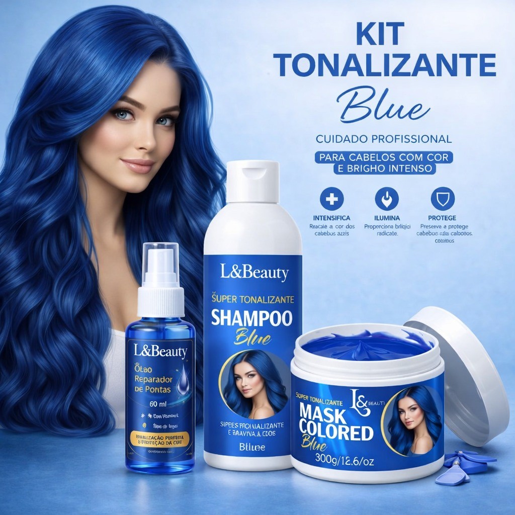 Kit Tonalizante Máscara Azul 300gr  +  Shampoo Azul 300gr + Óleo Reparador 60ml - L&beauty