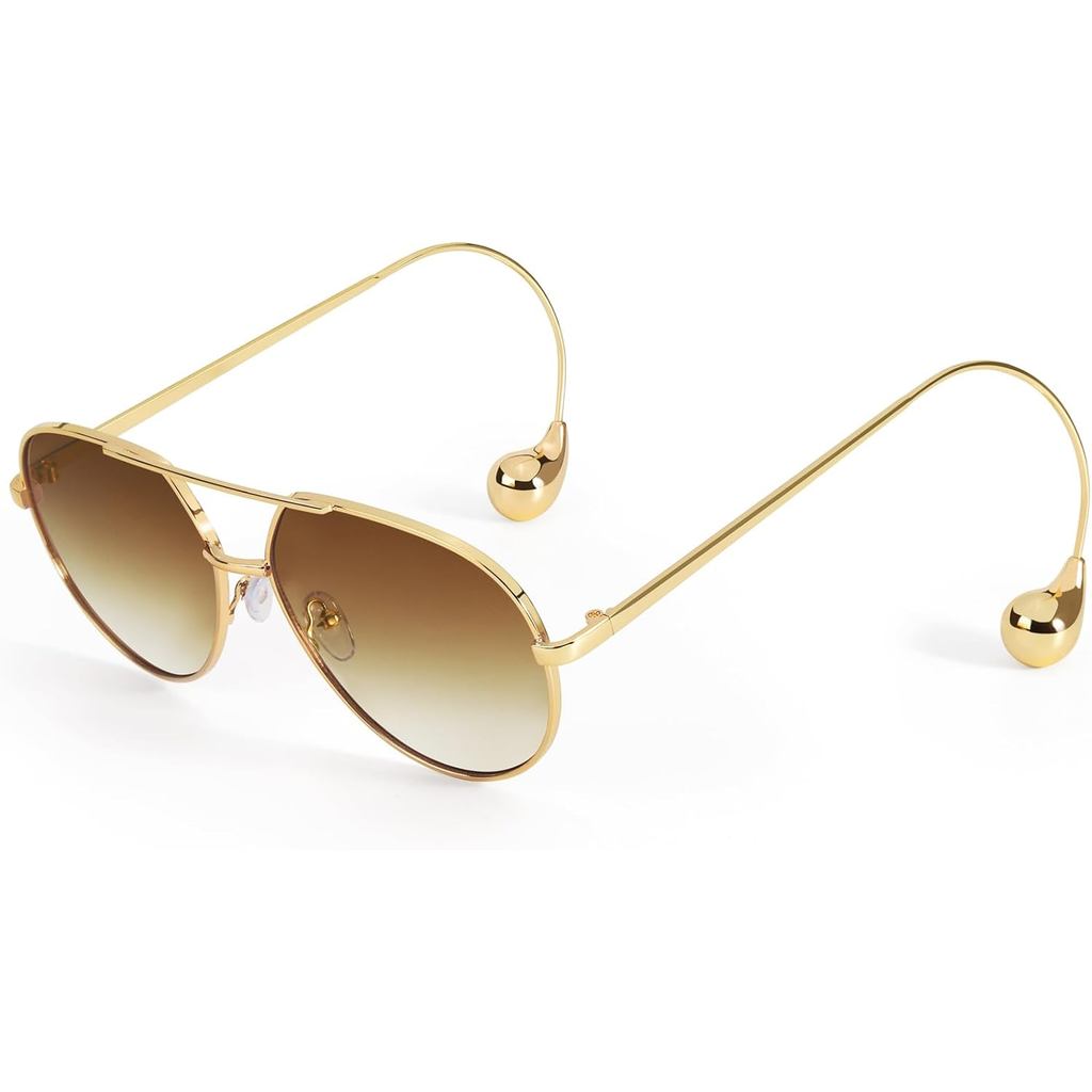 Óculos de Sol Aviador Modernos SODQW para Mulheres com Armação de Metal Dourado e Detalhe de Brinco