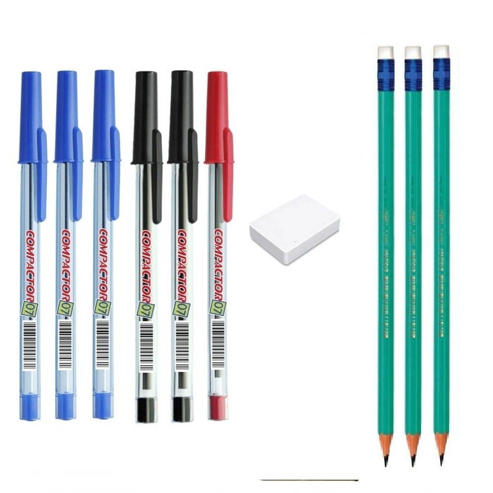 Kit Escolar 3 Lapis Bic c/borracha 1 Borracha e 6 Canetas Compactor 07