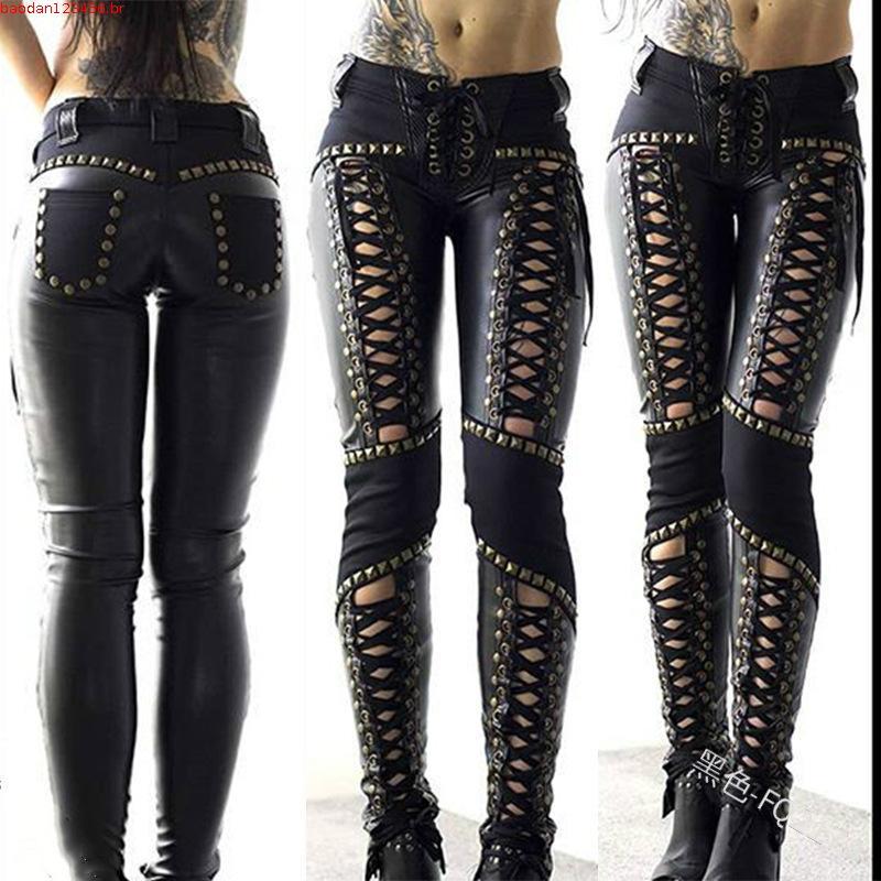 Novo Punk Rock couro falso lápis calças magras rendas Leggings calças femininas calças de couro na moda roupas de motoci