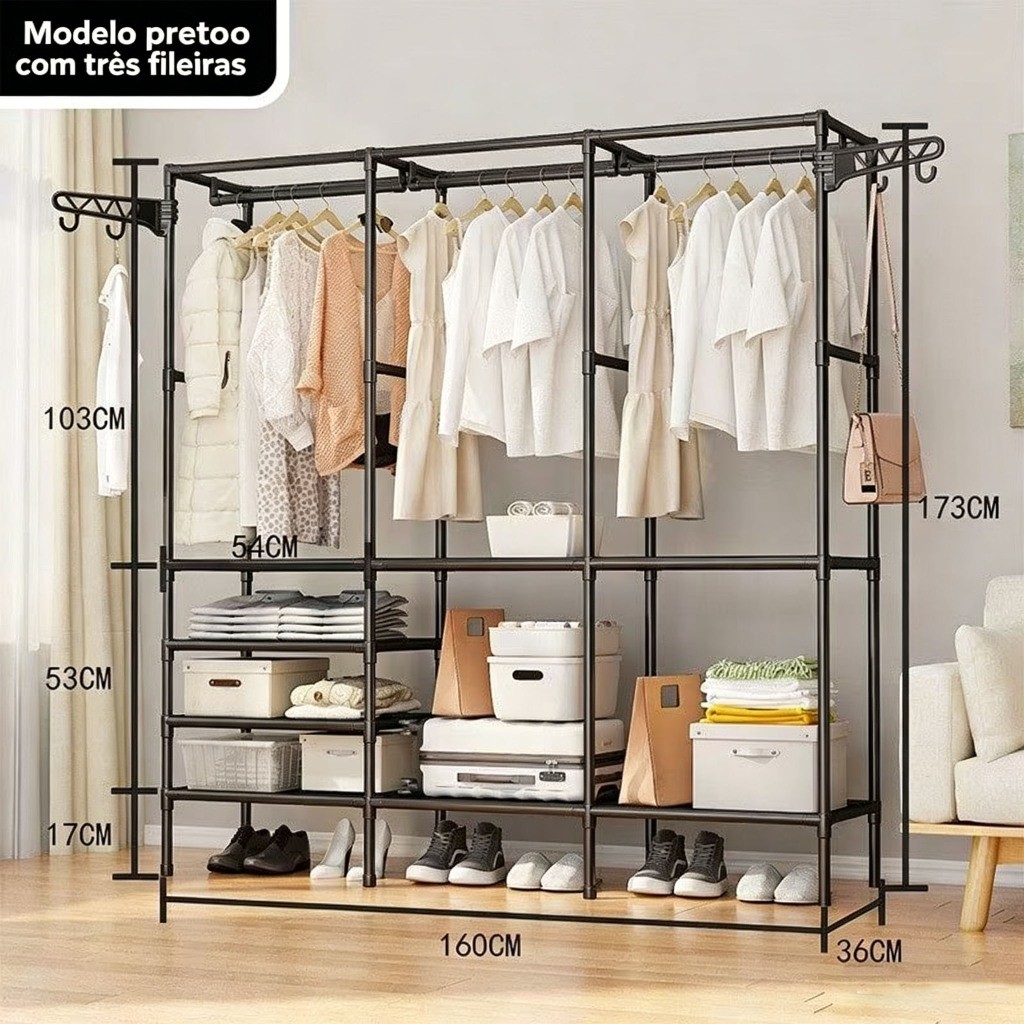 Arara De Roupa Cabideiro De Chão Sapateira Rack Organizador Multiuso Aço Inox