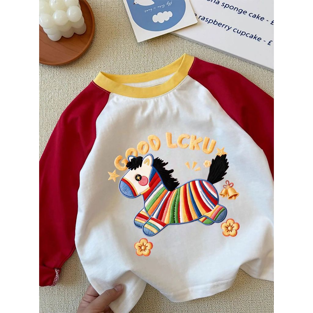 Crianças primavera novo estilo divertido pônei roupas infantis dos desenhos animados impresso algodão topo t bonito bebê