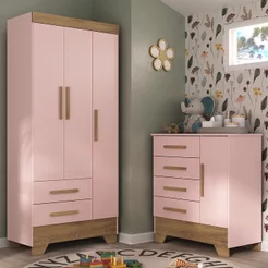Quarto Infantil Completo Guarda Roupa 3 Portas 2 Gavetas com Cômoda Selene Espresso Móveis Rosa/Fosco/Nature Rosa